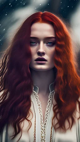 A stunning close-up portrait of a blend of Sophie Turner, Cintia Dicker, and Sadie Sink in a dramatic, dark and moody style, inspired by the work of Samuel Adoquei, with intricate details and a sense of desire. She has a single braid on the left side of her hair. Photographic quality. She wears a white wrap dress with cleavage. She is looking directly at me. Three point studio lighting. She is back lit.