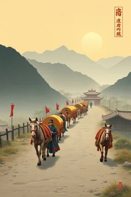 trading caravan Hexi Corridor silk road in ancient times in the style of Huang Yong Ping