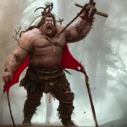 Insanely detailed photograph of an “portrait of a Giant Downsyndrome D&D barbarian wearing a red loincloth laughing”, smiling clear face and hyperdetailed painting by Ismail Inceoglu Huang Guangjian and Dan Witz CGSociety ZBrush Central fantasy art album cover art,8K, hdr, epic, mysterious, ominous, hands focused on a glowing D20, jewelry, motivated