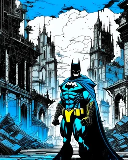 Batman cómic in gothic city. Black, white, blue and yellow colors.