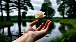 a young woman's hand planted a white rose stem in the ground, in the background a lake, some green trees, ultra detailed, sharp focus, perfect hands with five fingers, perfect photo