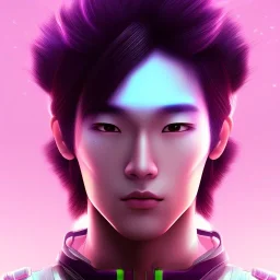 Cute Asian boy face, Sci-fi character, purple backlight, pink and purple, scifi suit, profile, purple background, pink lighting