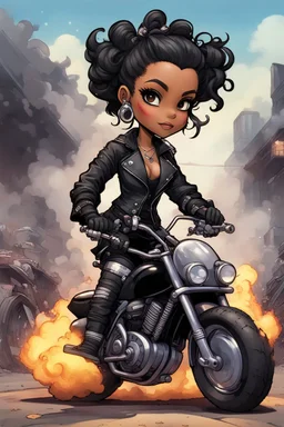 Create a comic book art illustration of a chibi cartoon full figure black female riding a sports motorcycle. She is wearing tie dye and black tights with biker boots. Prominent make up with log lashes and hazel eyes. Extremely highly detailed black shiny wavy hair up in a messy bun. Background of smoke surrounding her and the bike and she's at a bike show.