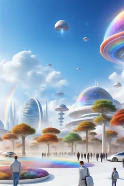 ville futuriste ultra moderne, ufos, rainbows,intergalactic city