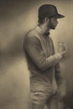 Homem de boné, blusa preta, calça jeans, cansado, entediado, setado, esperando em um consultório