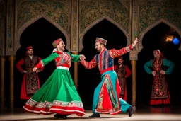 1 man and 1 woman in Azerbaijan costume ,dancing Azerbaijan folk dance together