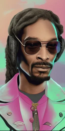 Snoop dogg. a chair. pink houses, pink sky, pink smoke, trees, outdoors