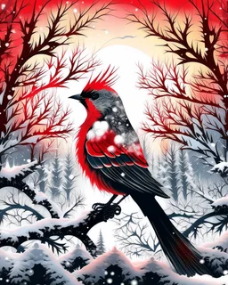 Create the silhouette of a cardinal in containing Double Exposure, a frosted berry woodland at sunrise; delicate branches form feather patterns, soft crimson highlights against snow-white textures, refined Christmas elegance. Background is black with many large snowflakes.