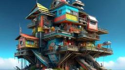 psychedelic construction that resembles a house in precarious balance built with all kinds of objects and materials in a dystopian environment