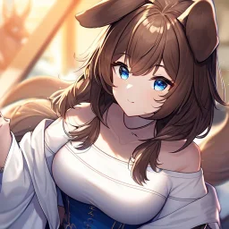 Clear focus, High resolution, Long fluffy brown hair, blue eyes, wearing a white skirt, detailed outfit, wearing a jacket oversized off shoulder, rough line, hair above ears, dog ears, off shoulder white shirt, chopped bangs, parted hair, medium locks