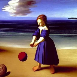 a peasant girl playing with a ball on a beach plus an island and a castle on the horizon. in a paint of caravaggio.