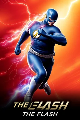 1/4 side view, looking at the viewer, Movie Poster - "THE FLASH" - A massive, thick, extremely muscular, 7'8" tall man, ((skintight, formfitting, long-sleeved, Blue spandex bodysuit:1.5)), ((Silver knee-high boots:1.5)), ((Silve wrist gauntlets, blue fingerless gloves, silver, double holstered utility belt:1.5)), ((skintight, formfitting, blue spandex helmet with blue eye disguise,:1.5)), Running, multicolored lightning emanating from his body, an overly exaggerated muscular stature