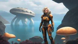 full body shot of a middle-aged, blond-haired woman in an exosuit, standing on a rock, on the shores of an alien world, with mushrooms with jellyfish tentacles floating in the air