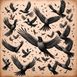 Hyper Realistic sketch of Lots-of-Koel-Birds Flying on a vintage paper