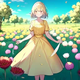 anime girl holding on to a dried dandelion flower and blowing the dried seeds into the air as the wind carries them away. outdoors scene.anime girl standing in a meadow of flowers. thw wind is blowing flower pedals into the wind. girl wearing yellow dress. more emphasis on seeds floating in the air. lots of seeds floating the air. lots of flower pedal floating the air behind the girl