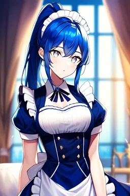 girl, masterpiece, best quality, cinematic lighting, detailed outfit, vibrant colors, perfect eyes, blue hair, long hair, white eyes, ponytail, maid, indoors,