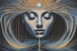 shadows on the water with woman swirling reflections and illuminations in the style of alex grey with black, white, grey, and hints of blue