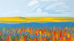 A color field, by Willem de Kooning, and Franz Kline, of a wide field with thousands of blue nemophila, Post-Realism