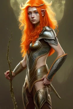 painting of an elven young woman with short light orange hair and freckles and tree tattoos on his cheekbones light armor, full body, ultra realistic, concept art, intricate details, eerie, highly detailed, photorealistic, octane render, 8 k, unreal engine. art by artgerm and greg rutkowski and charlie bowater and magali villeneuve and alphonse mucha