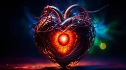 A shrunken human heart, with a demon eye bound in the center with hair and copper wire, diffused glow, colorful, dark fantasy, Hyperrealistic, splash art, concept art, full shot, intricately detailed, color depth, dramatic, wide angle, side light, colorful background, Professional photography, bokeh, mystical lighting, canon lens, shot on DSLR 64 megapixels sharp focus.