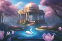 a magical crystal flower lys bougainvillier, blue gold dome house in the woods, magnolias pink, blue lake,sun,white swans, pink vertical, blue lake,sharp, vines, candlelit, endor, ornate, elegant, highly detailed, artstation, concept art, smooth, sharp focus, illustration, 8k, splash art, wallpaper, key visual