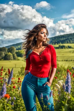 beautiful girl in nice red top and blue pants with curvy hair,perfect face,country side ,wild flowers,blue sky nice clouds,