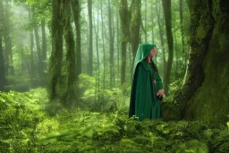 green robed elf in forest hiding behind a tree, highly detailed, 8k, atmospheric lighting, trending on artstation