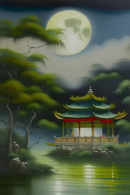 In this painting imbued with an Eastern ambiance, a luminous full moon hangs in the tranquil night sky, casting a gentle silver glow. An ancient pavilion stands by a serene pond, adorned with willow branches swaying ever so slightly. A winding path meanders through verdant bamboo groves, with the air carrying a faint aroma of tea. A scholar dressed in traditional Chinese attire sits alone in the pavilion, holding a piece of rice paper, his gaze contemplative. He silently gazes toward distant mo