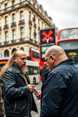 A stalker wants an autograph from a long-haired rock musician on a street in central London. The stalker is an overweight soon bald 25-year-old and looks a bit slimy, the atmosphere is oppressive and unpleasant, lot of traffic and london busses, hectic hour, a nice hotel
