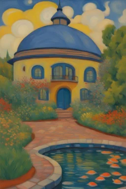 Dome house with English Garden and Koi Pool; Post-Impressionism in the style of Van Gogh; Hundertwasser; Cezanne; Gauguin.