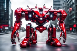 create a mix between a high technology car proptotype and a mecha robot, red, glossy metal, led lights, cables