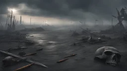 an apocalyptic landscape covered in dark gray dust. ancient battle field. rusty weapons and armor. broken dragon skulls everywhere. dead sun. dark grey mist. dead ocean in the distance. seen from the ground. fantasy, horror. no trees