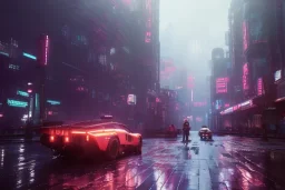 3D, beautiful, light reflecting, empty future city at night, rainy night, neon, cyberpunk, tron, robots walking, 8k, finely detailed, photo realistic