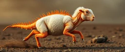 a sheep with no hair or wool, and orange lizard like skin, running crazy like a dino