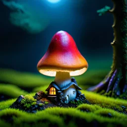 "Close up of a wonderful tiny Mushroom Tower home. Red and orange with bright white, deep black and contrasting tones of gray magenta and violet colors. Illuminated bioluminescent forest. Professional painter, master at composition. small but detailed. broken, blurred background, voluminous lighting"