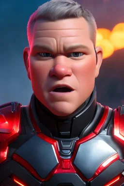 Matt Damon full frame portrait digital painting of futuristic animepunk robot, wide angle view, close-up, macro lens, centered camera, titanium accents, intricate details, small minutiae, tiny features, particulars, colorful, 8k, least ambient occlusion, volumetric lighting, volumetric clouds