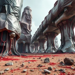 A striking quality close-up photograph captures a surreal wasteland a surreal wasteland on which gigantic immense enormous structures of indefinite shape stand, made of various materials, covered with silver, red, black plastic material, which descends to the ground, spooky, creepy, details of the dust very accentuated, glossy, organic, adorned with minerals and rocks. Max Ernst style, rotten. Bathed in feeble light, eerie, volumetric light, octane render, hasselblad h6d400c --ar 85:128 -- v6