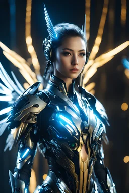 Facing Front night Photography Realistic High Details,Natural Beauty,Beautiful Angel Pretty woman cyborg cybernetic ,futuristic warframe armor,wings ,in Magical Planets Cosmic full of lights colors,glowing in the dark, Photography Art Photoshoot Art Cinematic Soft Blur Colors