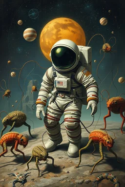 Bosch painting style, an astronaut surrounded by wired creatures on a surface
