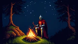 A knight sitting near campfire alone in a dark forest at night on top of a hill, pixel-art. Dark, medieval, fantasy, magical. Inspired by dark souls, game of thrones, and lord of the rings. You can see a starry night sky. The knight should be off centered.