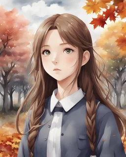 2D anime style. Sarah, a 15-year-old girl with long brown hair and gray eyes, school uniform, surrounded by autumn trees and gloomy cloudy sky and beautiful landscape, watercolor painting, high detailed, high quality, 4k