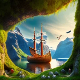 Nærøyfjorden Verdsarvpark, tree on a viking ship, in the style of pixar