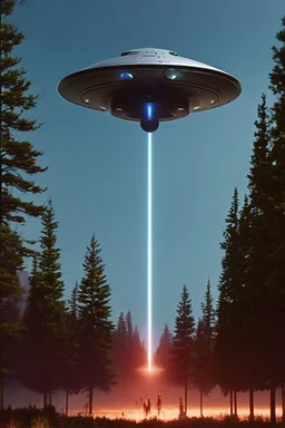 year is 1966 (a bunch of school kids) see ufo flying over tall pine trees, concept art, by Asaf Hanuka, by Weta Digital, Electric Colors, Screen Space Global Illumination, in a symbolic and meaningful style, 3 lights underneath ufo glow with intense fury