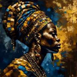 Side profile of an African King with her aspirations behind her. Opulent Van Gohn style painting