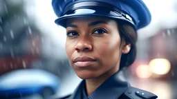 African American woman working as police officer or cop, closeup portrait, blurred city background, rainy atmosphere. Generative AI