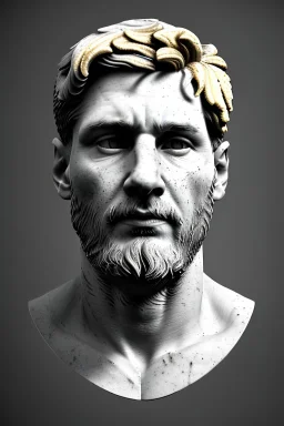 Ultra Realistic image, Roman sculpture, white marble material, Lionel Messi, gold Laurel leaves wreath, renaissance ornaments, chisel style, waist up portrait, epic, celestial, cinematic lighting, God light, god rays, 4k resolution, smooth details, ornate details, soft lighting, unreal engine 5, marble background.