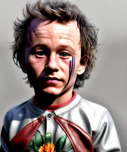 Heath ledger toddler, full body, sneaker, leather jacket, floral shirt, soft skin, dramatic lighting, hyper realistic