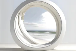 white,background,looking,through,a 3-d, hole,or,window,,a,seeing,paraddise,beach ,skulpture,like