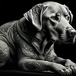 a black and white 3D image of a light brown labrador lying down, surreal and otherworldly, intricate linework, mind-bending composition, intricate patterns in the fur,masterful use of light and shadow,masterful use of light and shadow,masterful use of light and shadow, dreamlike quality, detailed linework akin to Moebius, intricate details, vibrant and contrasting colors, Artstation for showcasing.