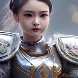 beautiful smooth realistic Japanese samurai robot girl body, run on dark cosmos background, dog еye, extremely sharp detail, finely tuned detail, ultra high definition, 8 k, unreal engine 5, ultra sharp focus, accurate sword wings, positive smile